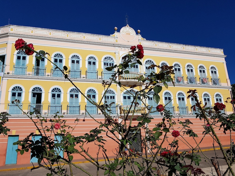 Roseiras e a fachada de uma construção antiga ao fundo