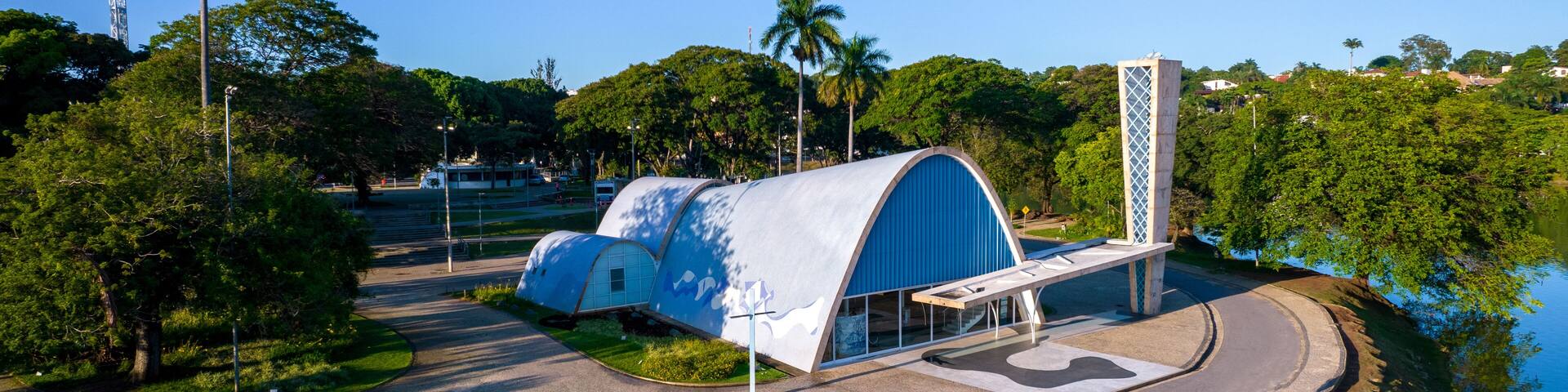 Lagoa da Pampulha, in Belo Horizonte, overlooking the Church of São Francisco de Assis and Guanabara Park. Minas Gerais Brazil. Aerial view