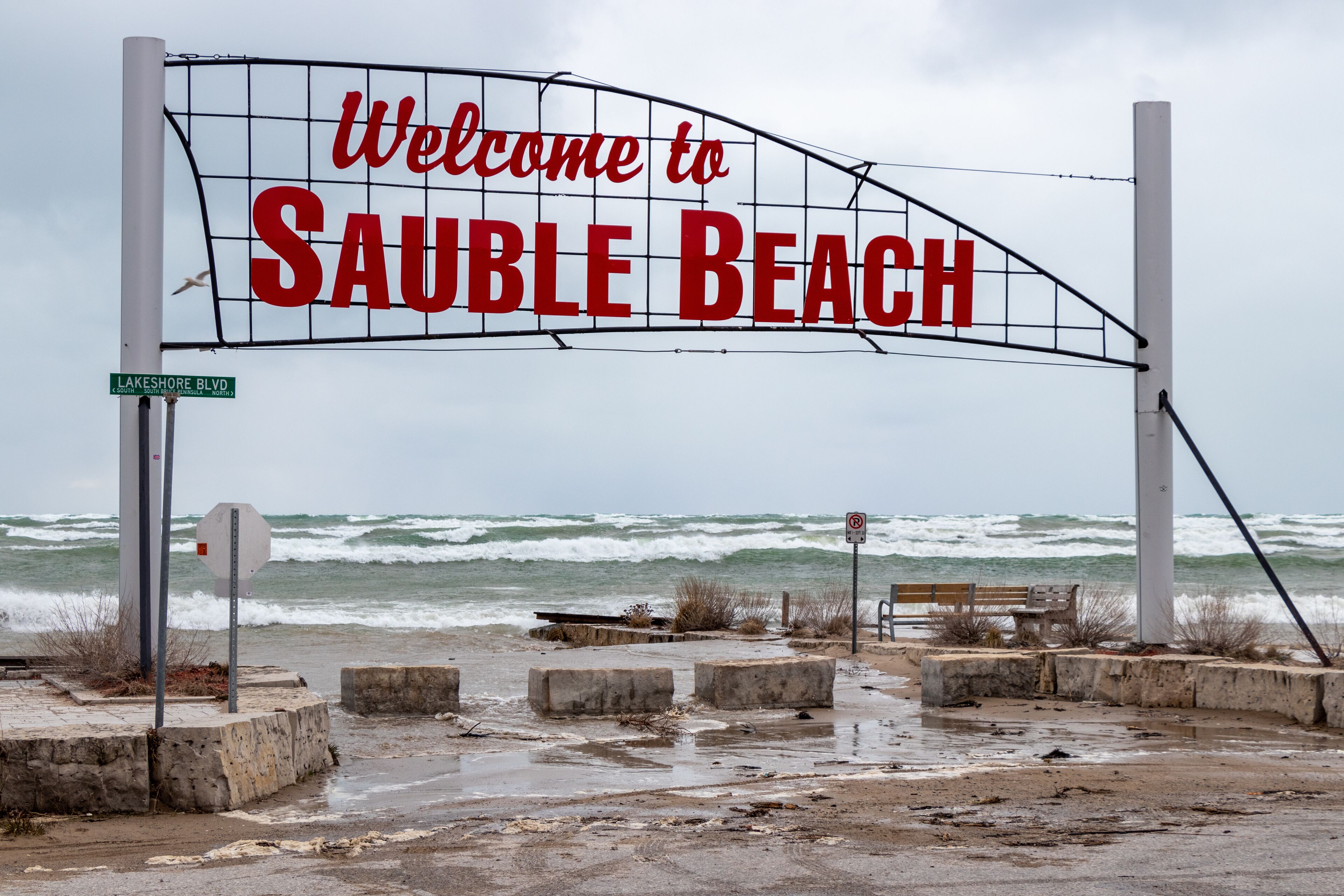 Big waves and high water at Sauble Beach, Ontario, Canada in April 2020