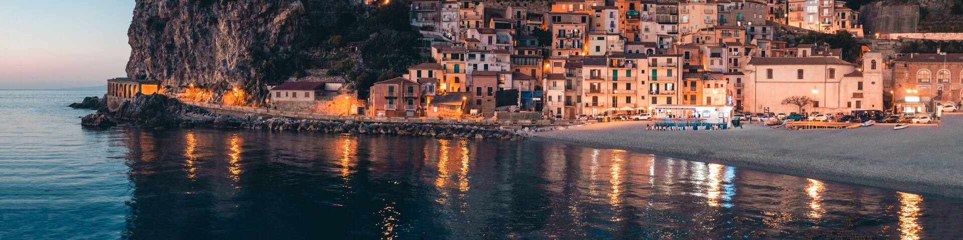 Aerial view of Scilla by night. Calabria, Italy.
