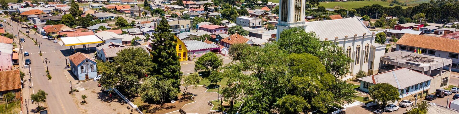 Cambará do Sul, Rio Grande do Sul - Aerial view of the main church, square and city center
