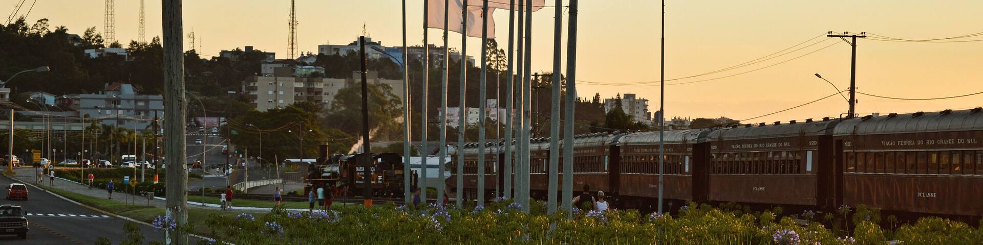 A train station with flags, a train, and a cityscape in the background.
