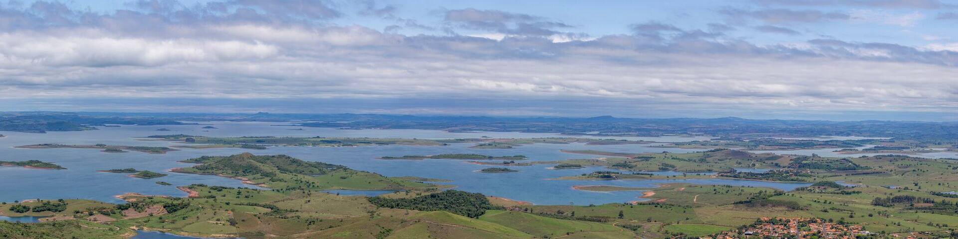 Panoramic View of Chavantes dam from Hawk Hill. Ribeirão Claro city, Parana, Brazil