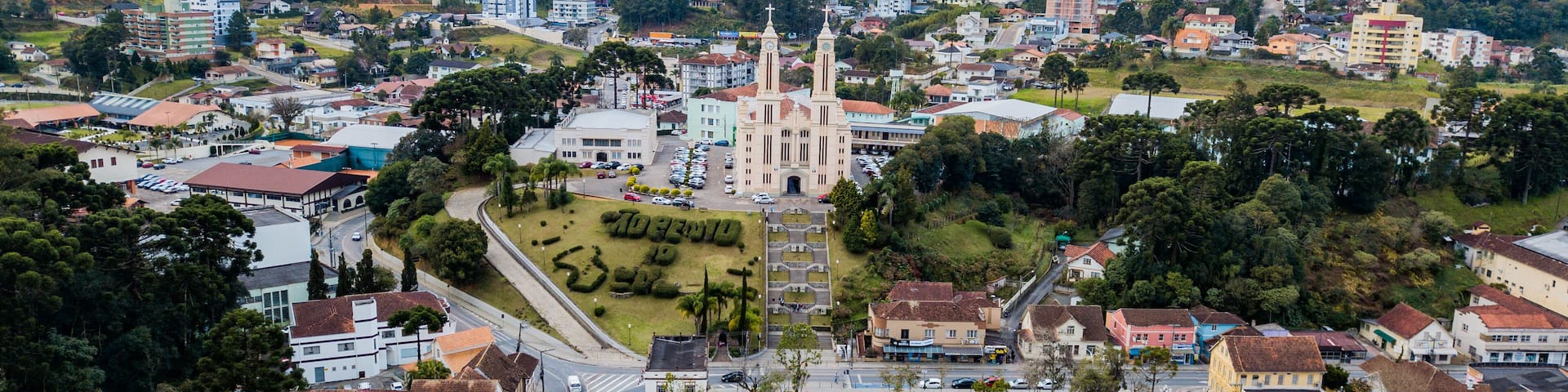 São Bento do Sul SC - Aerial view of the parish church and central square of São Bento do Sul, Santa Catarina