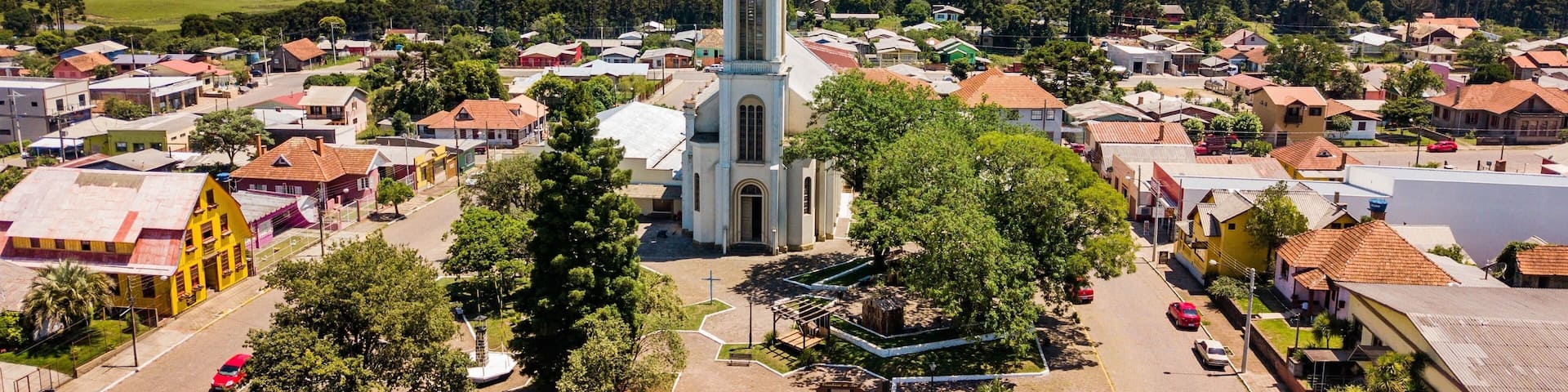 Cambará do Sul, Rio Grande do Sul - Aerial view of the main church, square and city center