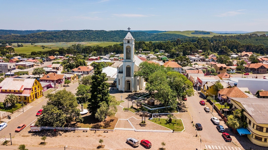 Cambará do Sul, Rio Grande do Sul - Aerial view of the main church, square and city center