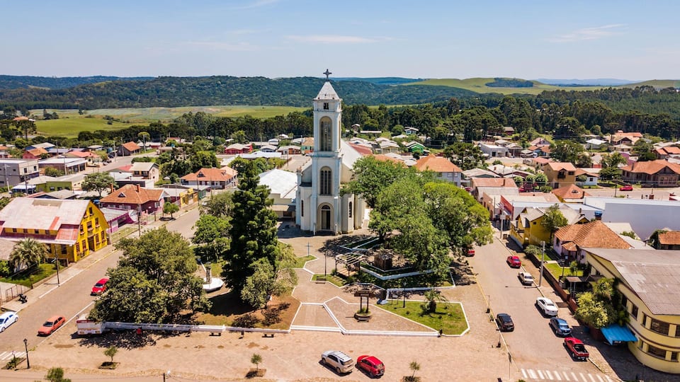 Cambará do Sul, Rio Grande do Sul - Aerial view of the main church, square and city center