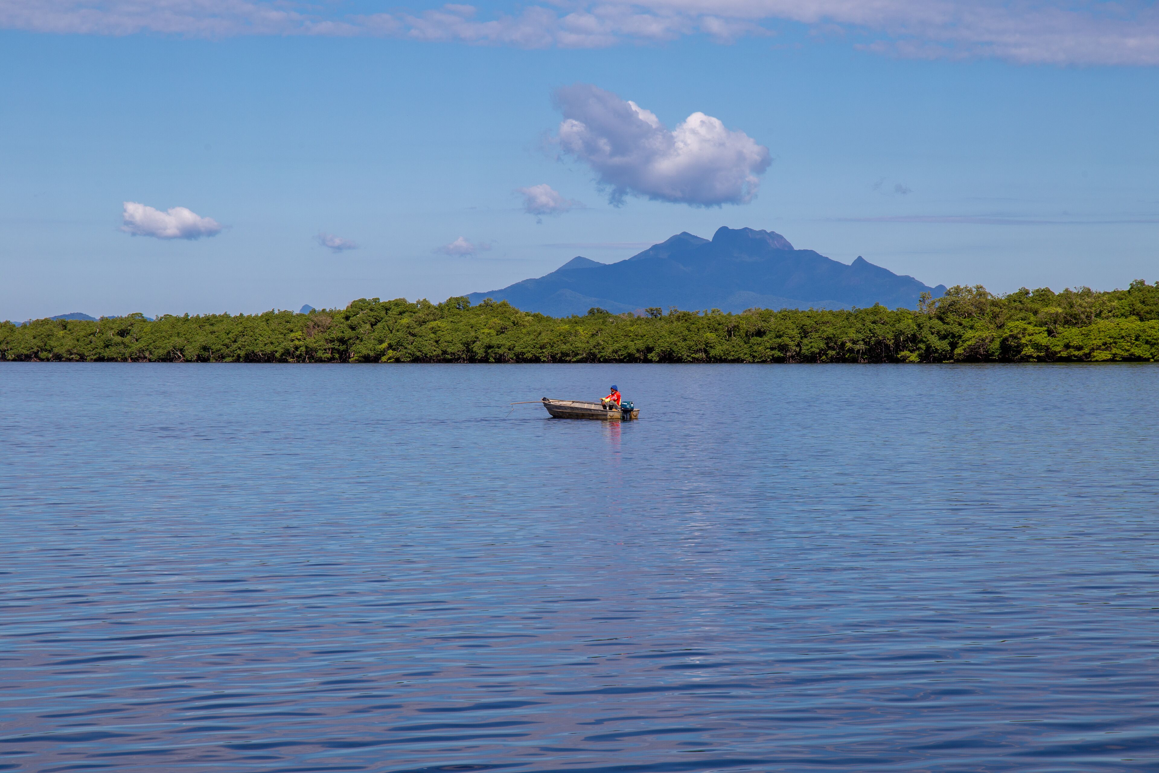 Aerial view of the city of Cananéia. Mangrove and sea in Ilha do Cardoso State Park. With man fishing in a boat