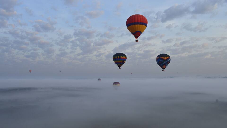 Hot air balloons floating above a foggy landscape.