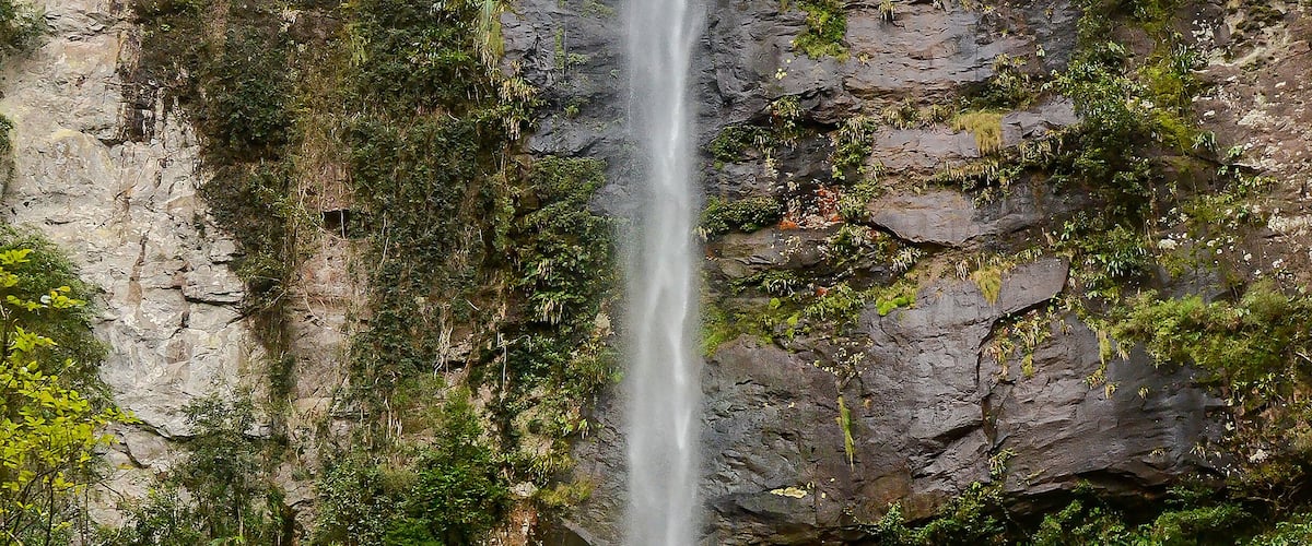 A tall waterfall cascading down a rocky cliff surrounded by lush greenery.