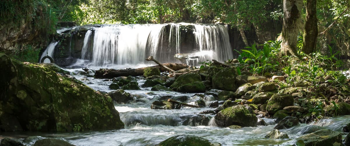 A waterfall cascading over rocks in a forested area.