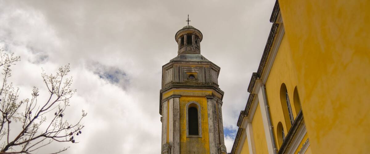 A church tower with a cross on top, a yellow building, and a tree with bare branches.