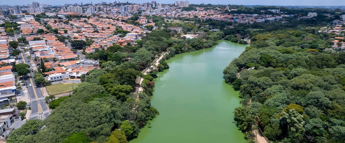 A river winding through a densely populated urban area with red-roofed buildings and lush green trees.