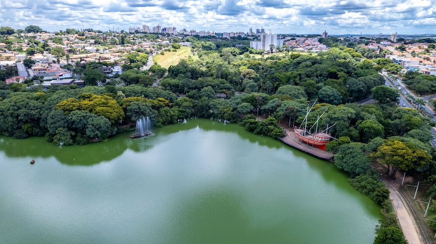 Aerial view of Taquaral park in Campinas, São Paulo. In the background, the neighborhood of Cambui.
