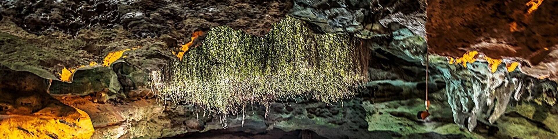A cave with a clear blue pool, a wooden platform, and stalactites.