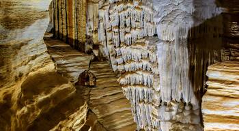 Interior of a deep cave with its columns and rock formations in Lagoa Santa in the state of Minas Gerais, Brazil