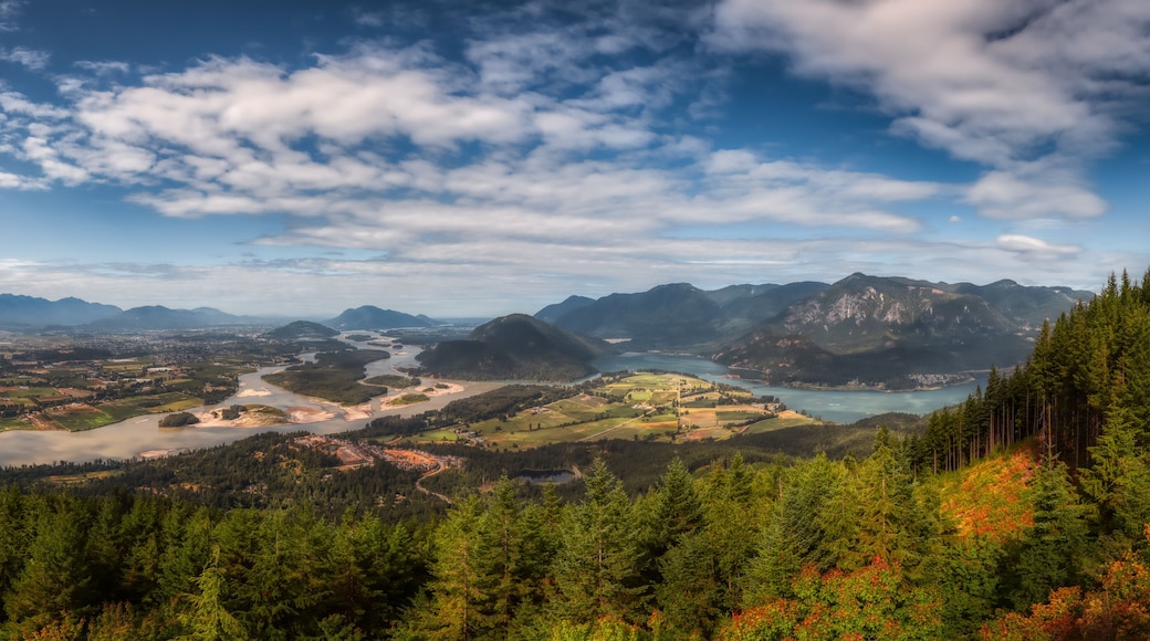 Eine gebirgige Landschaft mit einem Fluss, dichten Wäldern und einer in der Ferne liegenden Stadt.
