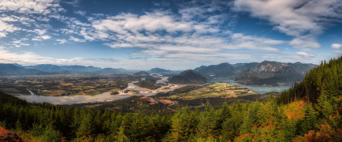 A mountainous landscape with a river, dense forests, and a distant town.