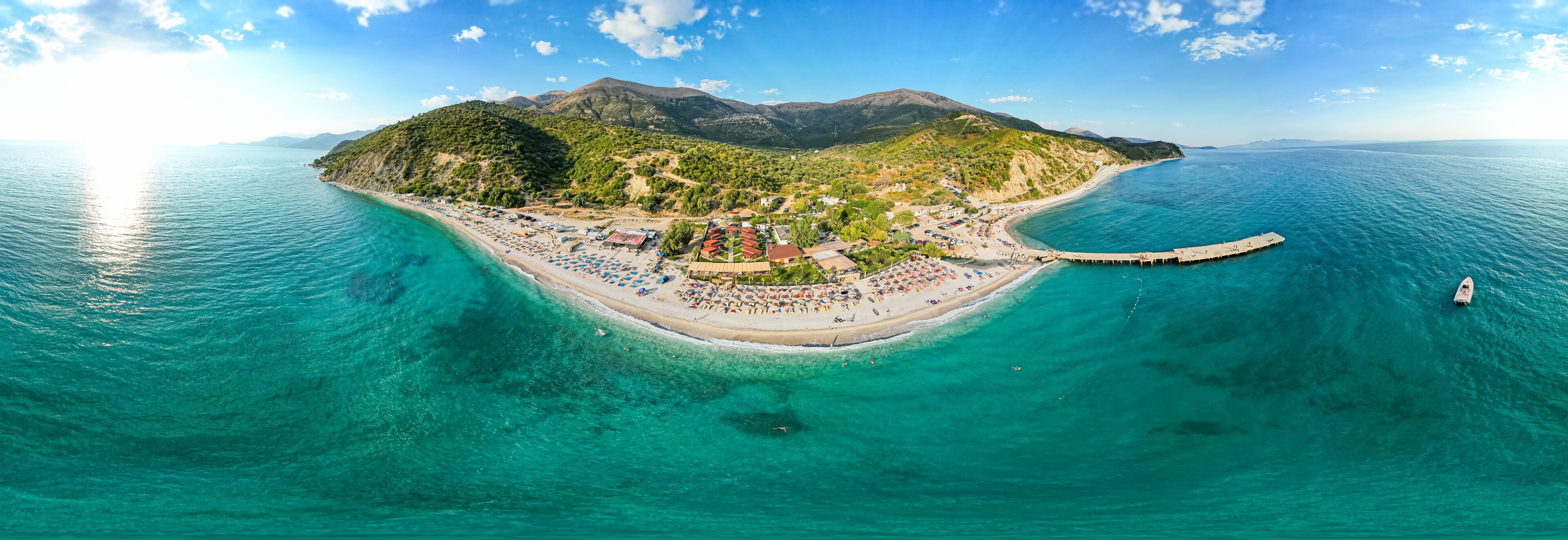 Large panorama aerial view of Bunec Beach area in Summer 2022, Albania