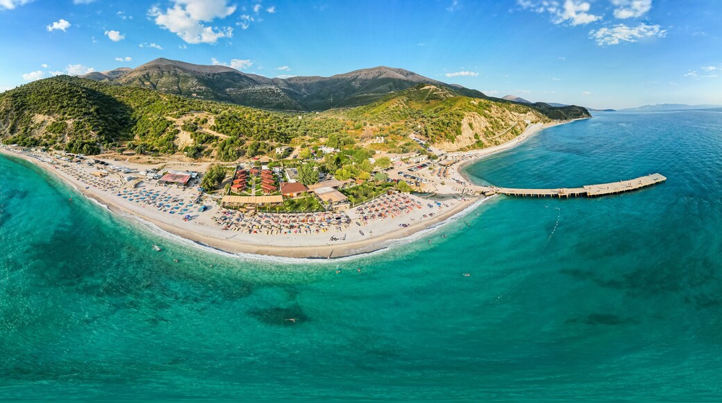 Large panorama aerial view of Bunec Beach area in Summer 2022, Albania