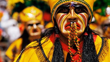 Portrait of a Tobas warrior during carnival called The Devil Dance (La Diablada), Oruro, Bolivia