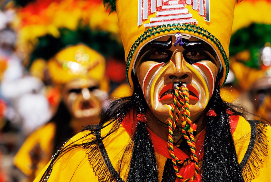 Portrait of a Tobas warrior during carnival called The Devil Dance (La Diablada), Oruro, Bolivia