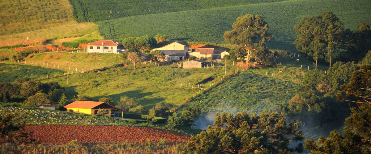 A rural landscape with rolling hills, a field of crops, and several farm buildings.