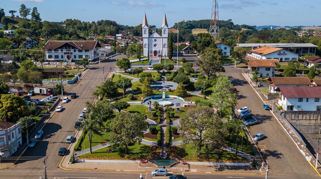 Treze Tílias - SC. Aerial view of church and central square of Treze Tílias - Santa Catarina -Brazil