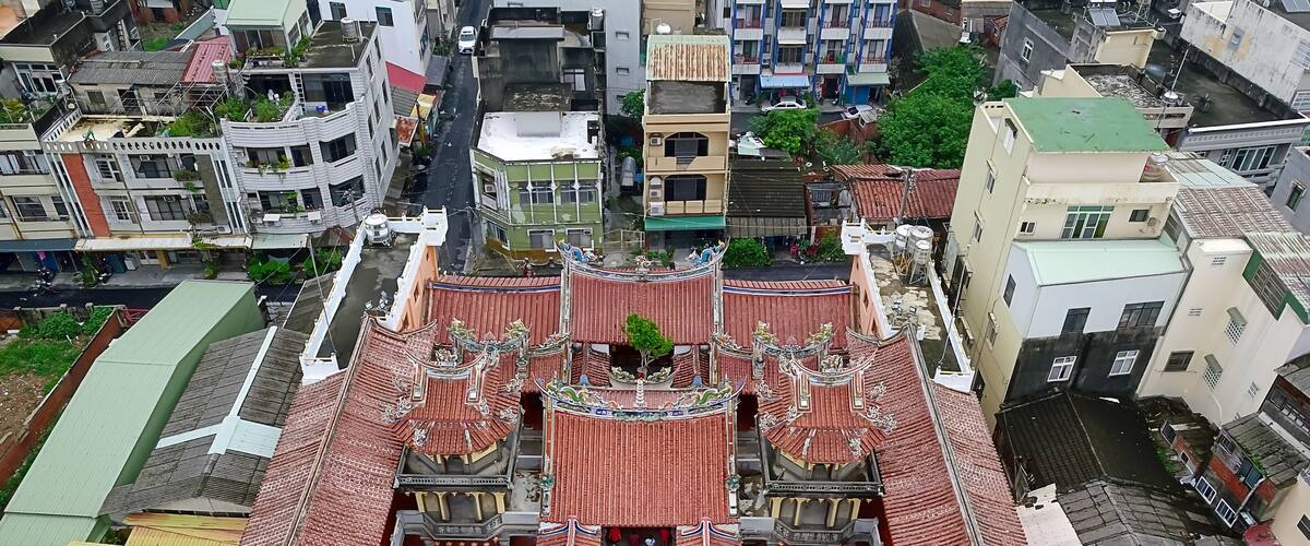 An aerial view of a traditional temple complex with ornate roofs and a central courtyard.