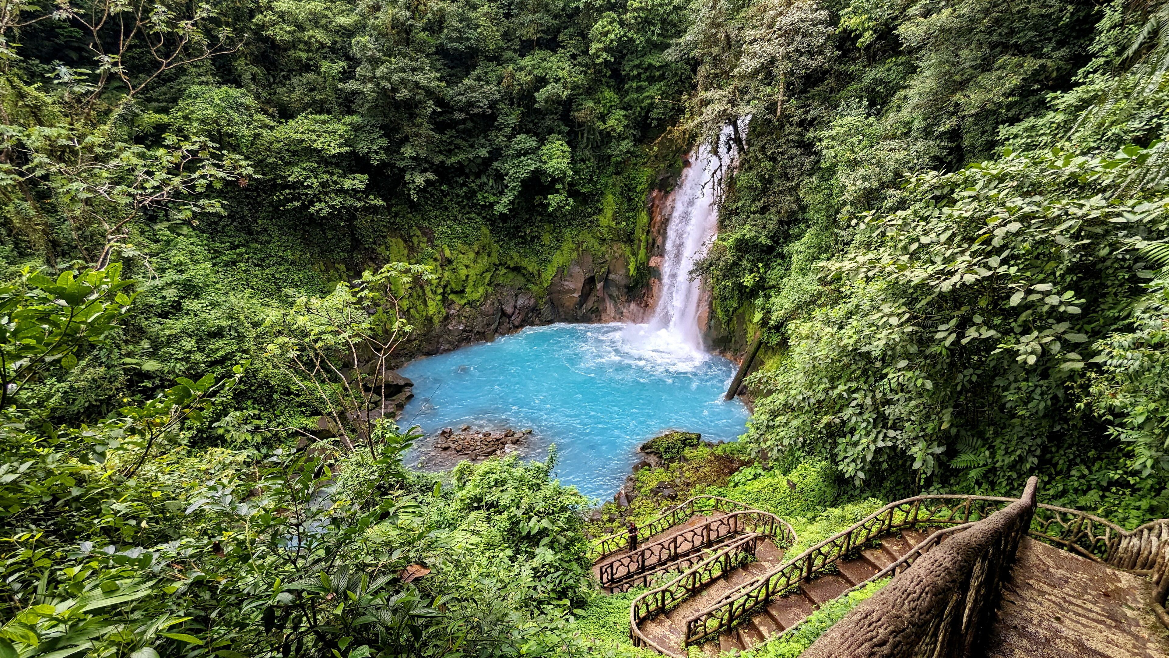A waterfall in a lush green forest with a clear blue pool at its base.