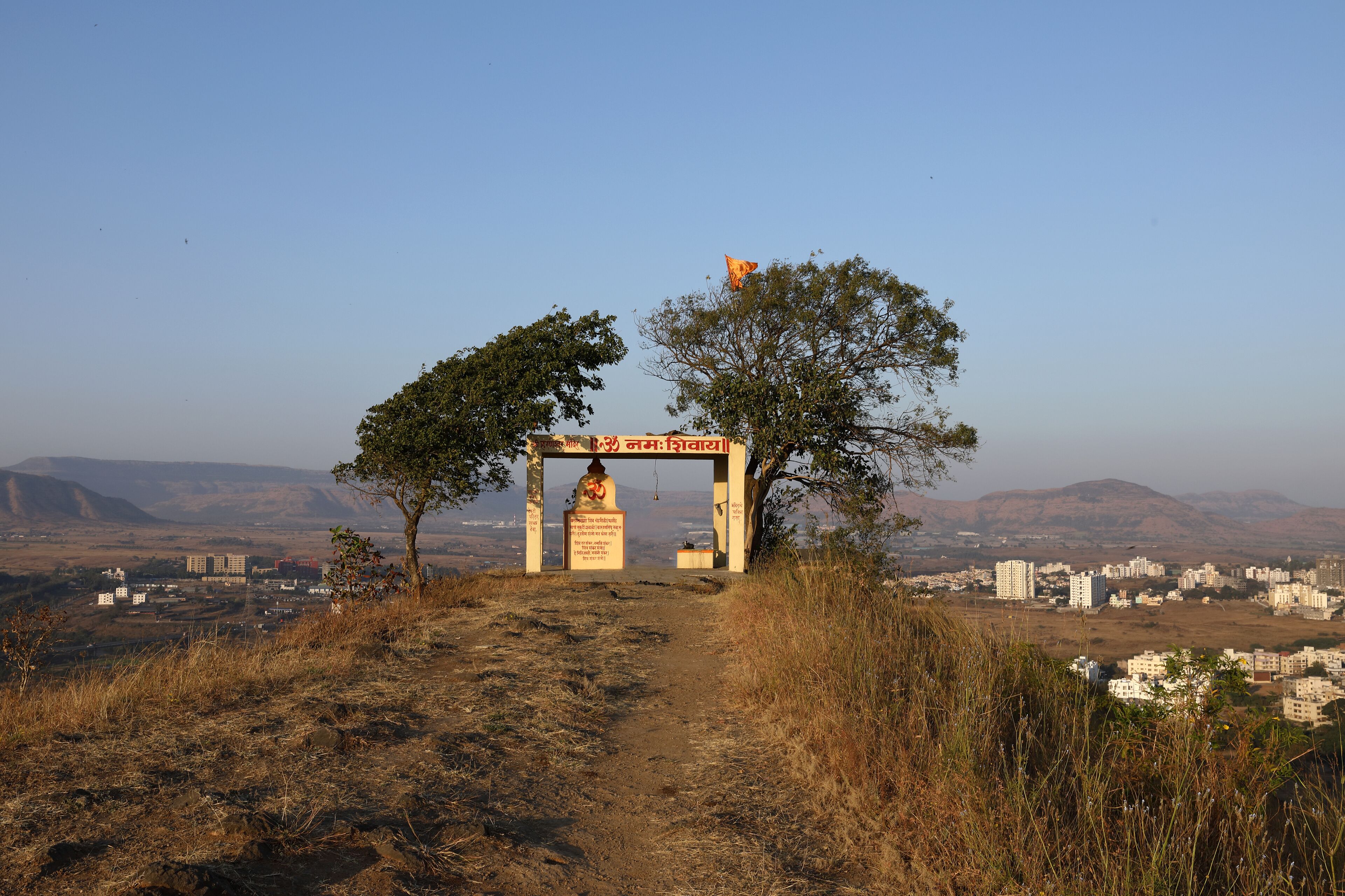 A pathway leading to a shrine with a tree and a clear view of a cityscape in the background.