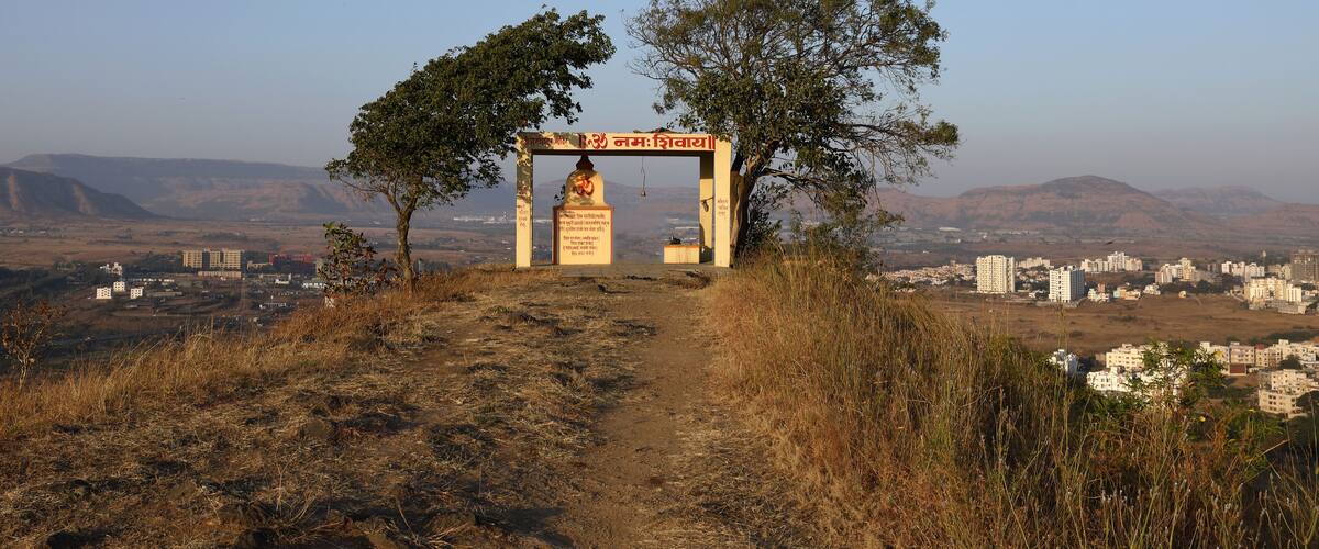 A pathway leading to a shrine with a tree and a clear view of a cityscape in the background.
