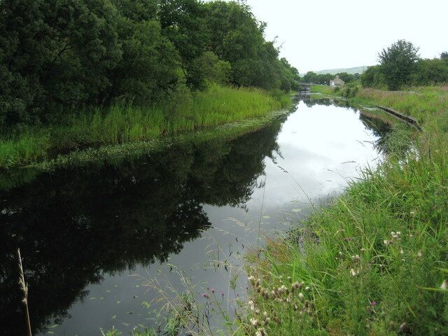 A narrow canal flanked by lush greenery and trees.