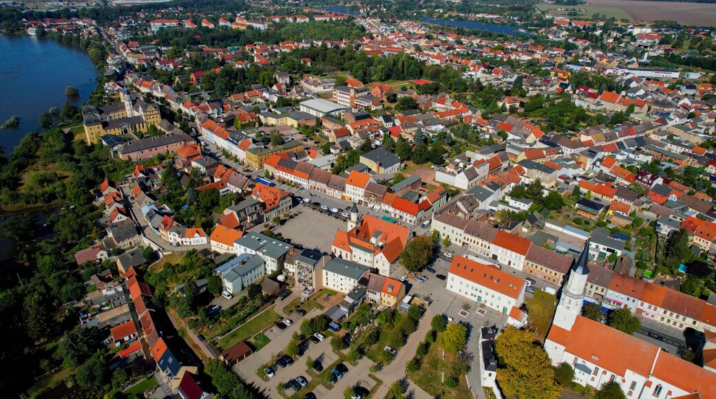 Aerial of the old town of the city Coswig on a sunny noon in summer in Germany.
