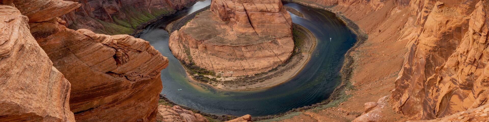 Horshoe Bend on the Colorado River near Paige Arizona. Panormaic view of the bend and river
