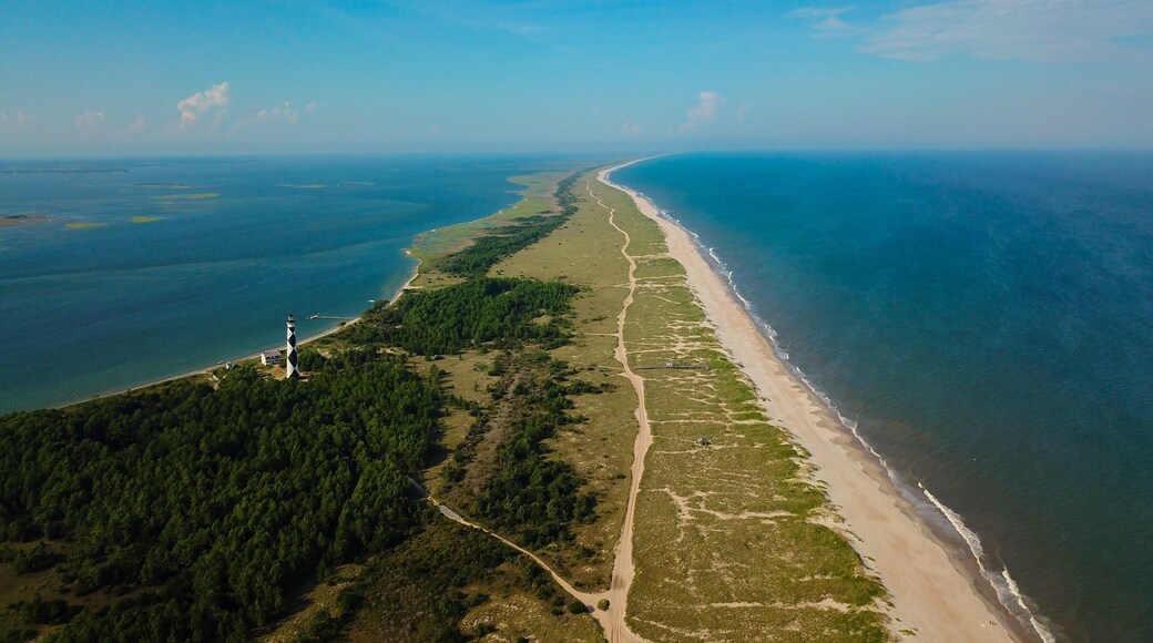Een kustlandschap met een lang zandstrand, weelderige groene begroeiing en een vuurtoren.