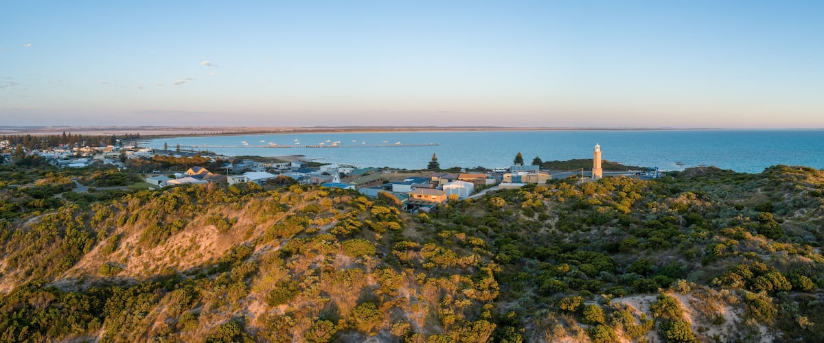 A coastal town with a lighthouse, dense vegetation, and a pier extending into the sea.