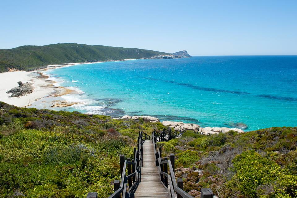 Un paisaje costero con una escalera de madera que baja a la playa.