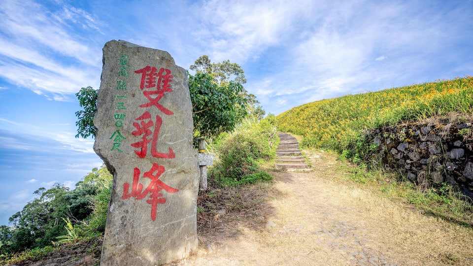 PF254X Taitung, Taiwan August 13, 2018:the daylily hillside landmark at Taimali Mountain, Taitung East Rift Valley of Taiwan