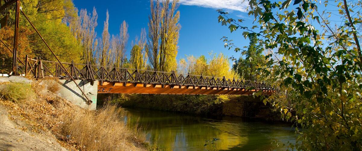 A metal bridge over a calm river, surrounded by autumn trees and a clear blue sky.