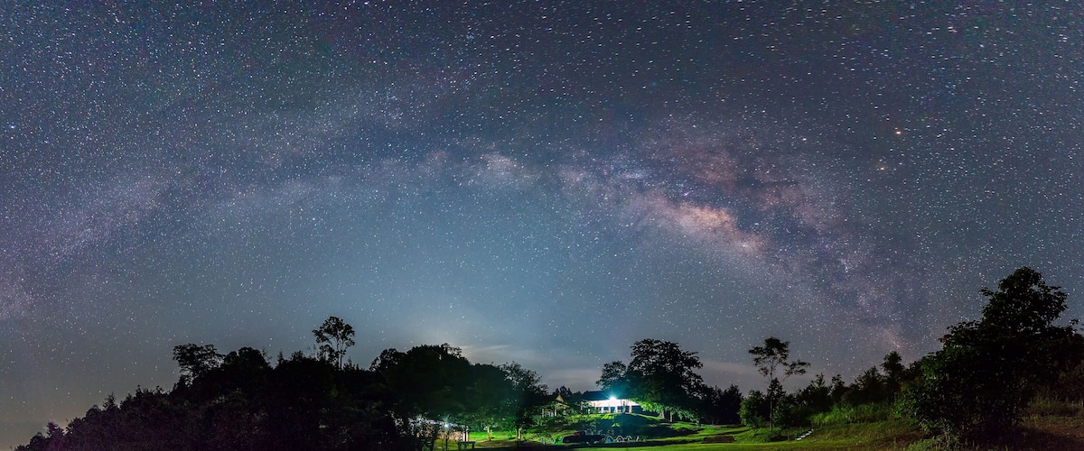A starry night sky over a grassy field with a house and trees.