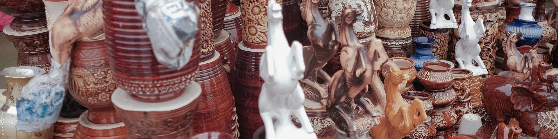 Ayer Hitam, Malaysia - September 24th, 2019 : Colourful clay potteries for sale at popular market in Ayer Hitam.