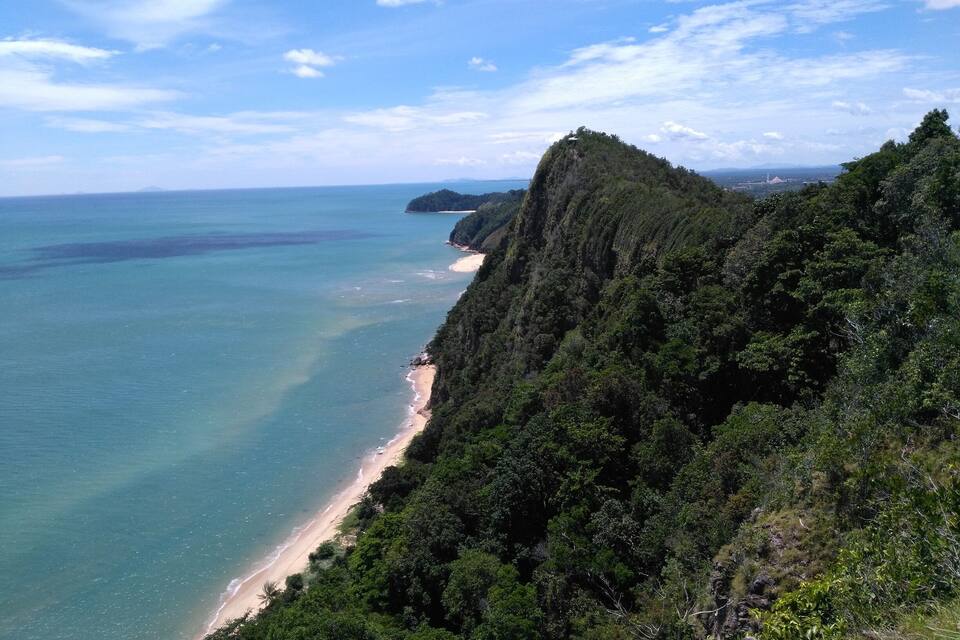 A coastal landscape with a beach, a forested hill, and a distant island.