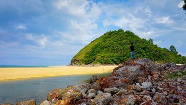 A beach with a rocky foreground, a sandy shore, and a hill with dense greenery in the background.