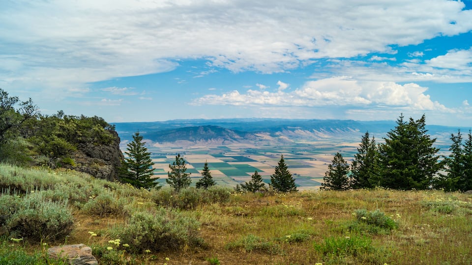 A mountainous landscape with green trees and a clear sky.