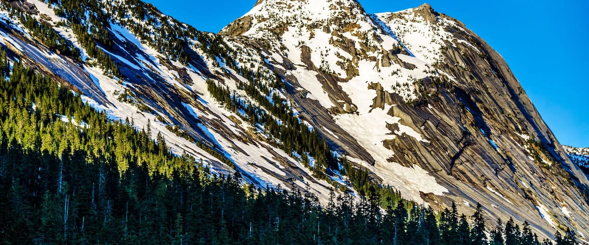 Montaña con parches de nieve, bosque denso y cielo azul despejado.