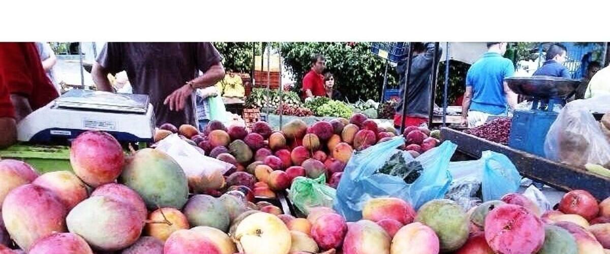 A market with a large display of mangoes.