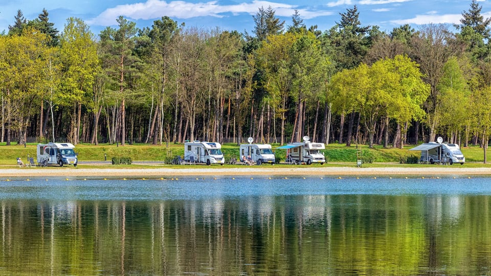 Motorhome parking at a lake near Eersel in the Netherlands