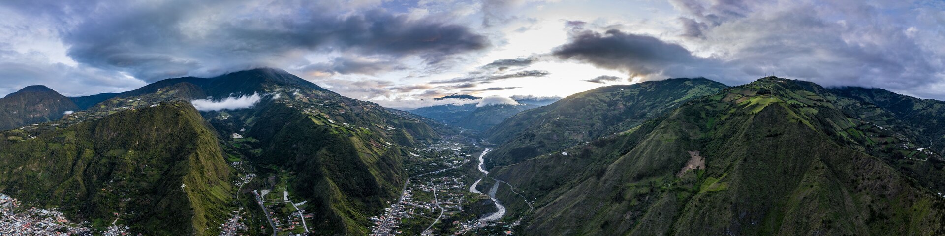 Beautiful aerial view of the Ecuadorian Andes at sunset. City of Banos.