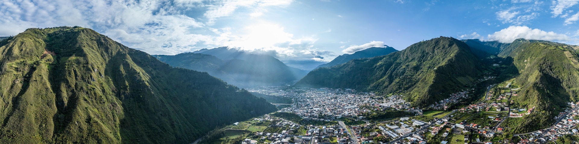 Beautiful aerial view of the Ecuadorian Andes at sunset. City of Banos.